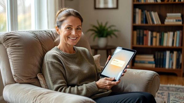 A happy customer using her tablet