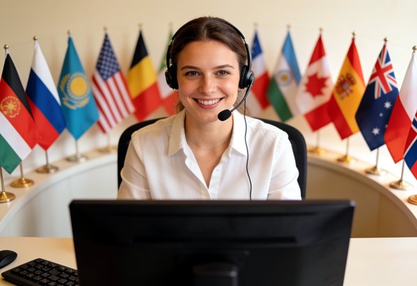 Multi-lingual customer support professional with flags of the world