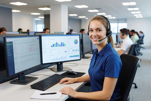 Customer support manager using WFM software on her computer