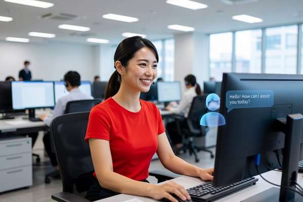 A customer support agent using an AI Agent on her computer
