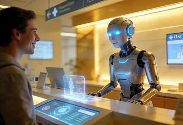 AI receptionist greets a human customer