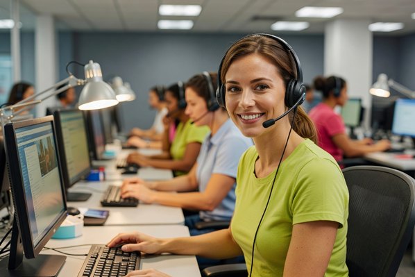 Customer contact agent with headset talking to a customer