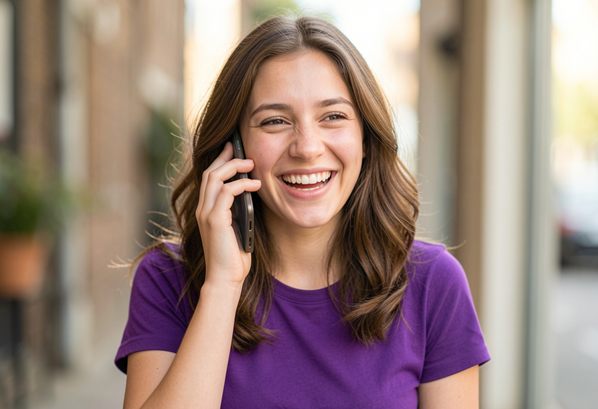 A happy customer talking on her mobile phone
