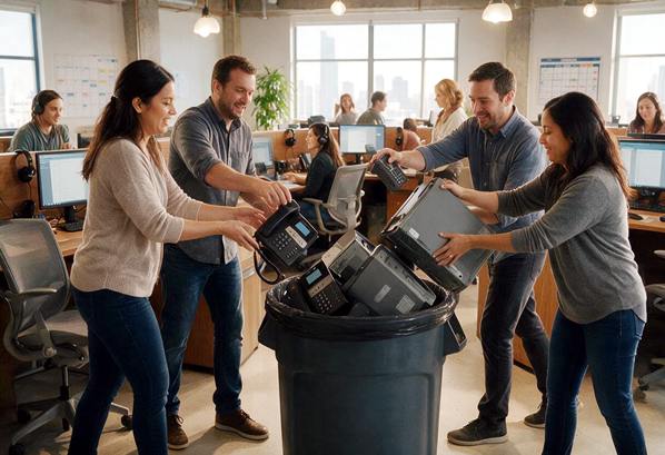 Contact center agents throwing legacy phones in bin