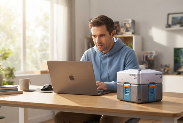 A man looking at his laptop with a loot box on his desk