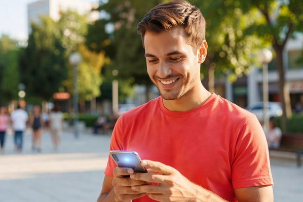 A smiling man sending an text message on his mobile phone