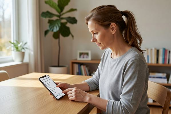 A patient completing a feedback survey on her mobile phone at home