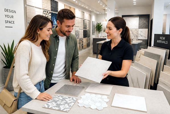 Two customers looking at tiles with a retail assistant in a tile store