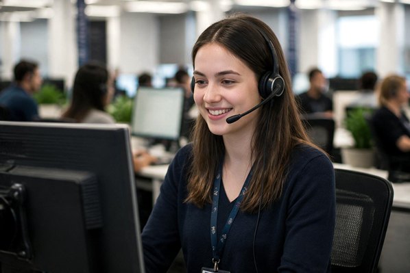 Customer service agent talking to a customer using a headset