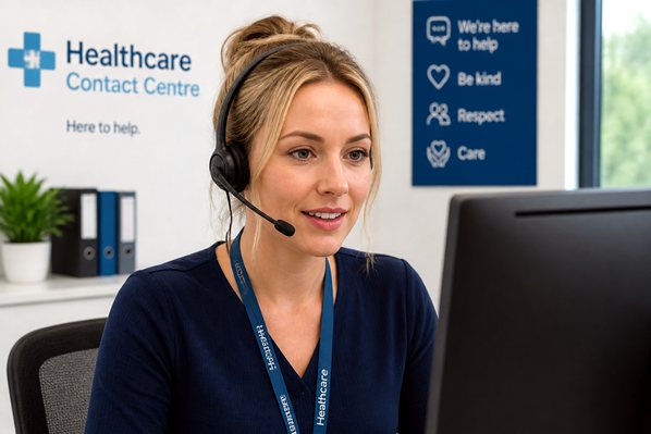 Healthcare contact center agent on a call from a patient
