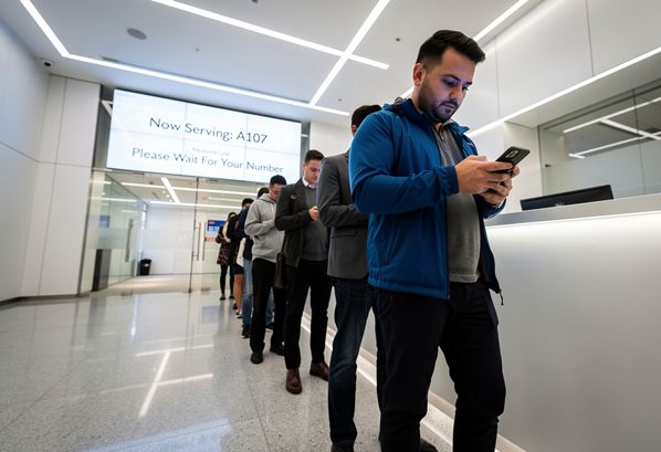 A line of people in a queue looking at there phones for information