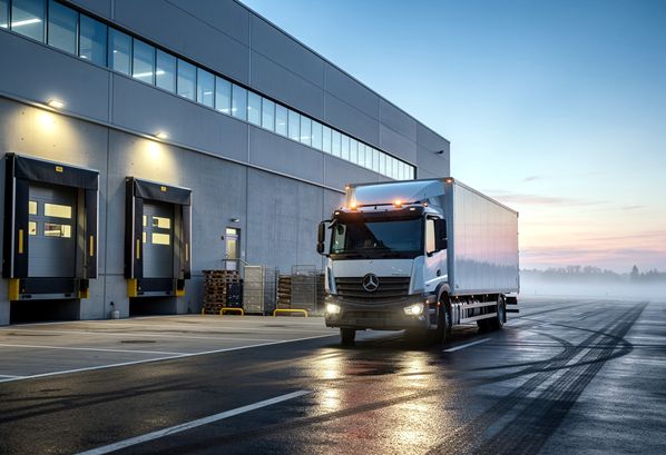 A truck leaving a warehouse to make a delivery to a customer