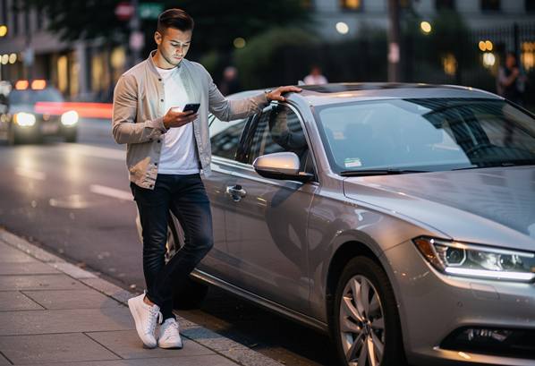 A driver standing next to his car while looking at his mobile phone
