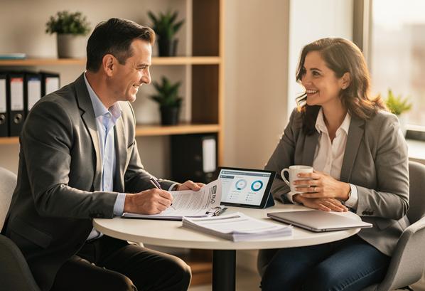 An insurance broker talking to a client