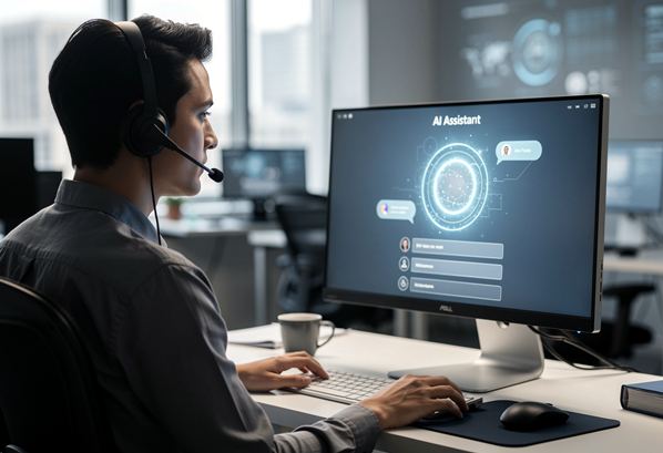 A customer support agent using an AI assistant on his computer